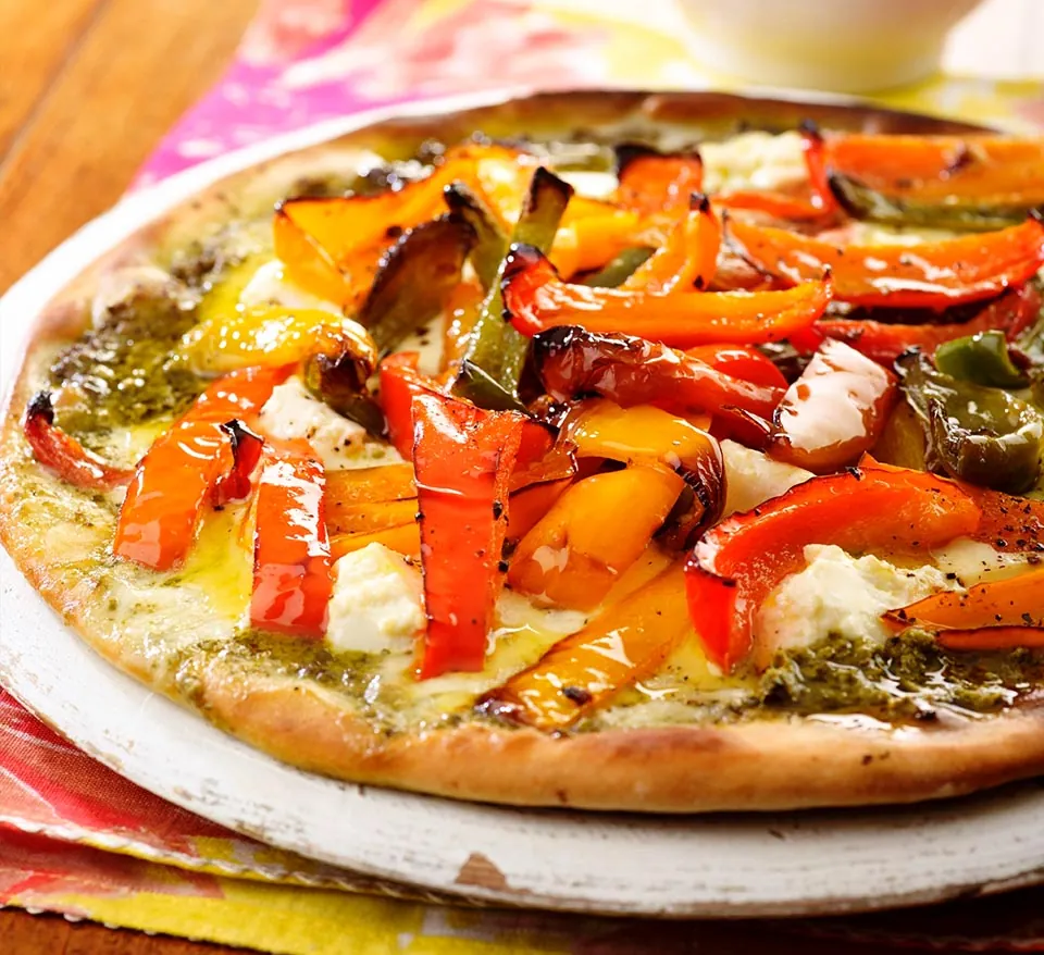 Roast Pepper Pizza with Basil Pesto