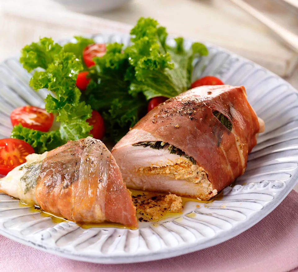 Tomato & Ricotta Pesto stuffed chicken wrapped in parma ham